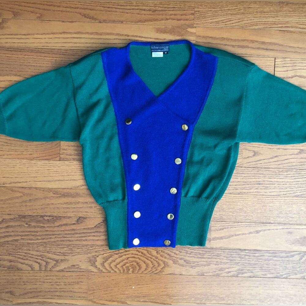 Kathryn Conover Sweater Top Puff Sleeves 80s Vintage Green Blue Women’s Size M - Picture 2 of 15